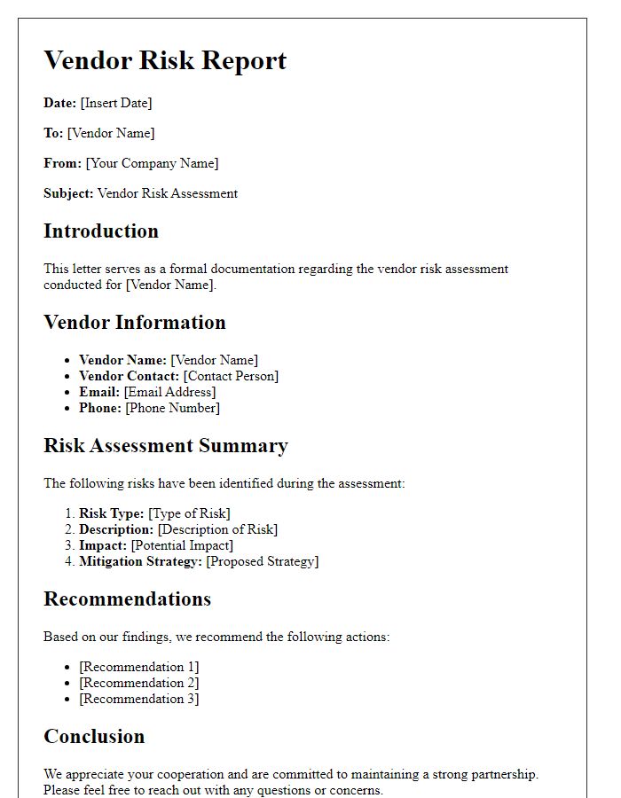 Letter template of vendor risk reporting