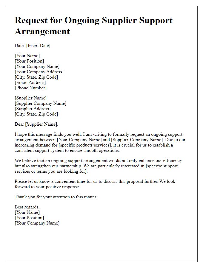 Letter template of ongoing supplier support arrangement request.