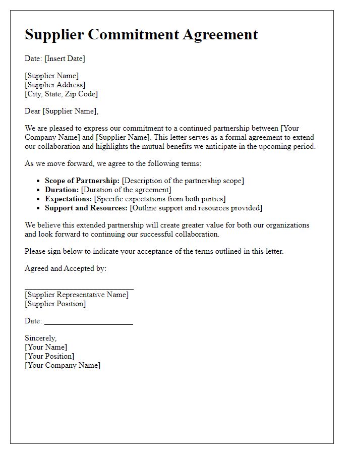 Letter template of supplier commitment agreement for extended partnership.