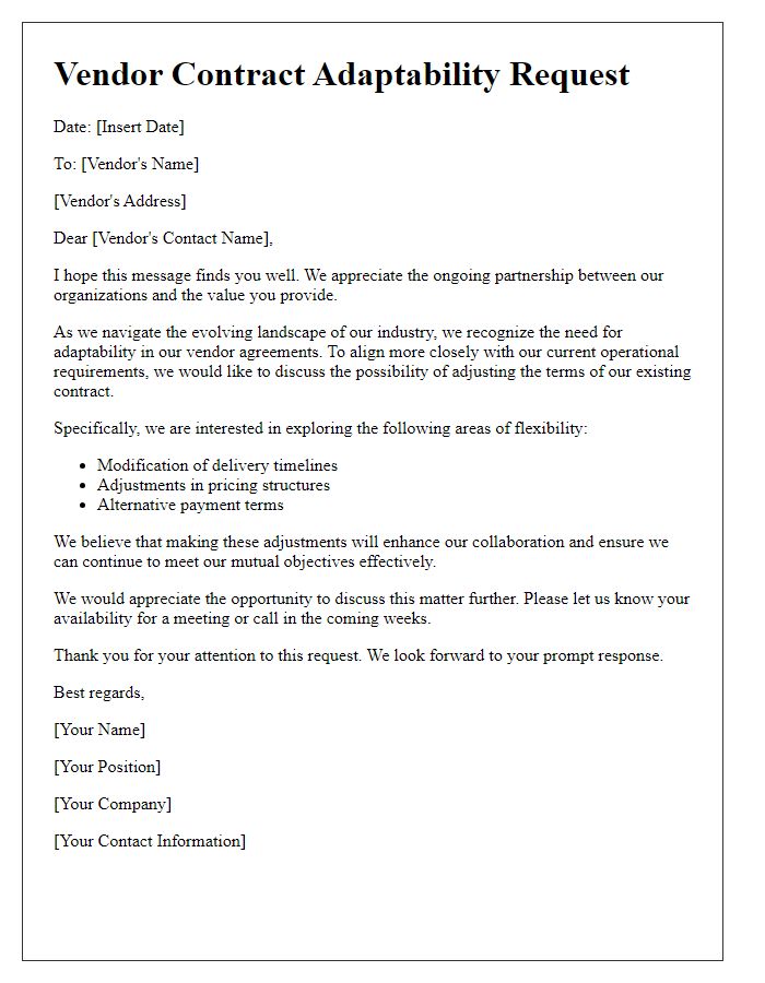 Letter template of addressing vendor contract adaptability needs.