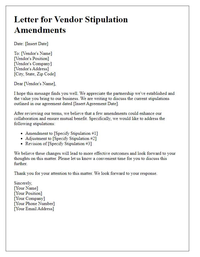 Letter template of negotiating vendor stipulation amendments.