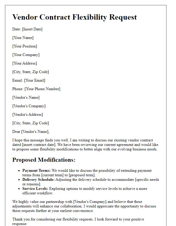 Letter template of outlining vendor contract flexibility requests.