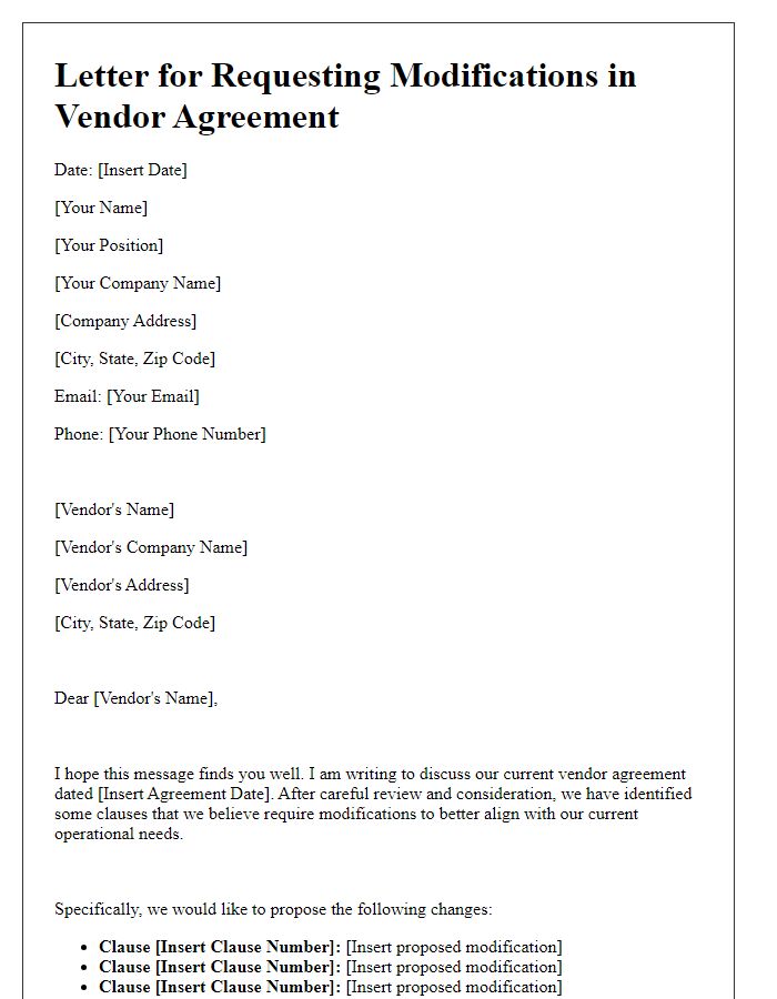 Letter template of seeking modifications in vendor agreement clauses.