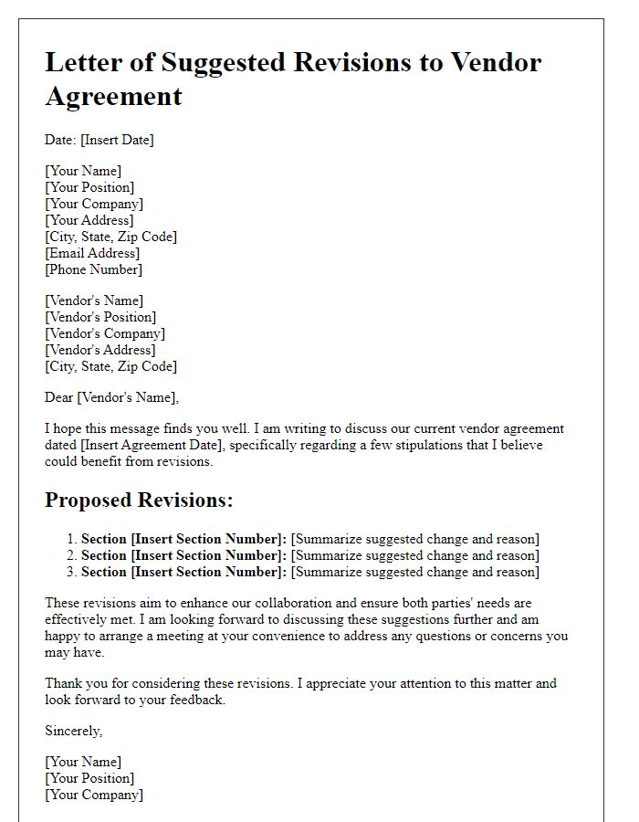 Letter template of suggesting revisions to vendor agreement stipulations.