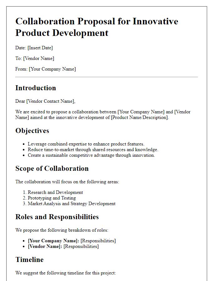 Letter template of collaboration outline for innovative product development with vendors.