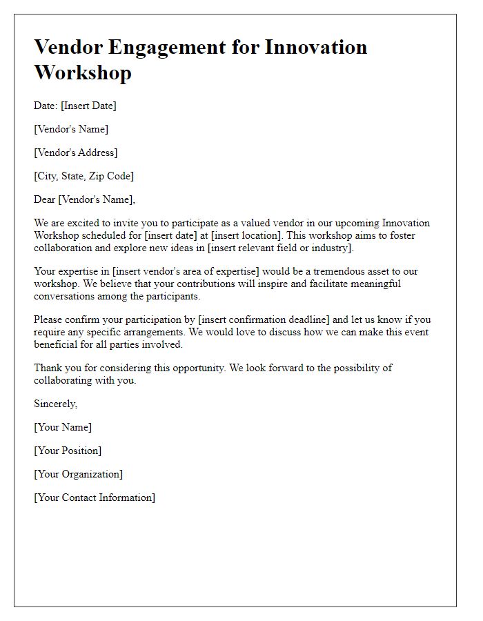 Letter template of engagement for vendors in innovation workshops.