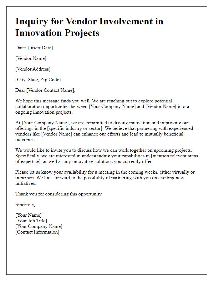 Letter template of inquiry for vendor involvement in innovation projects.