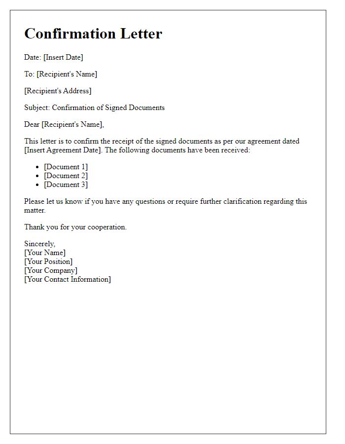 Letter template of confirmation letter for signed documents