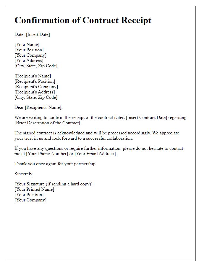 Letter template of confirmation of contract receipt