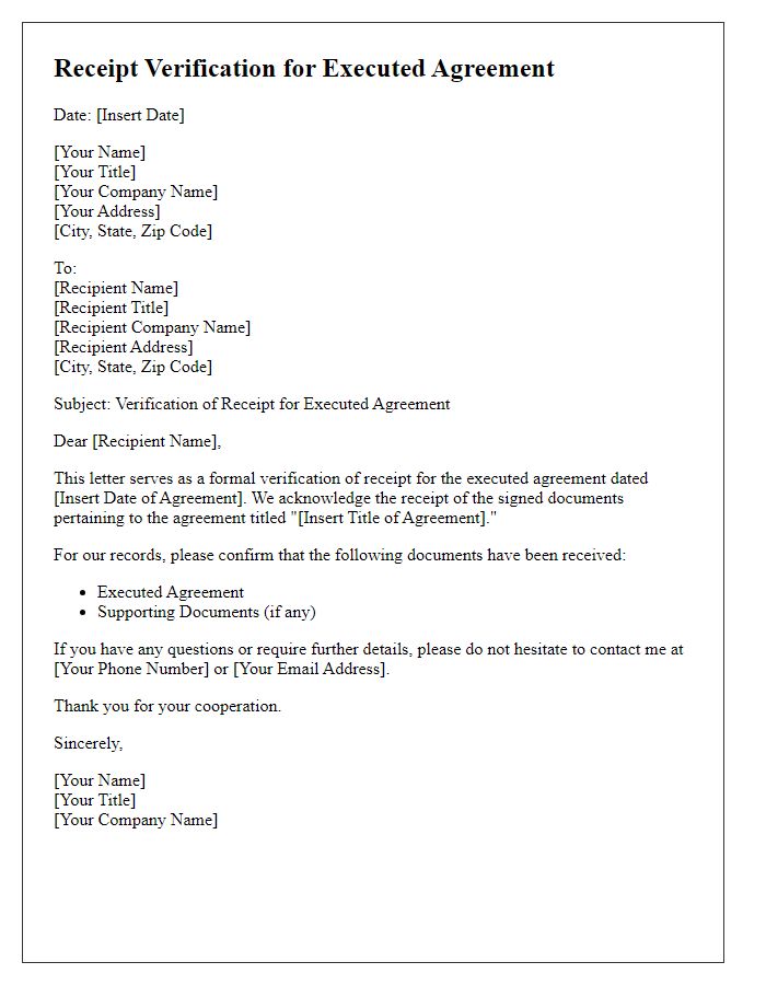 Letter template of receipt verification for executed agreement