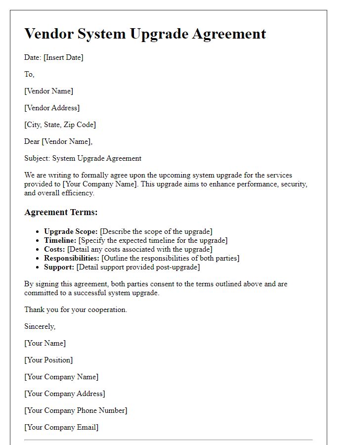 Letter template of vendor system upgrade agreement