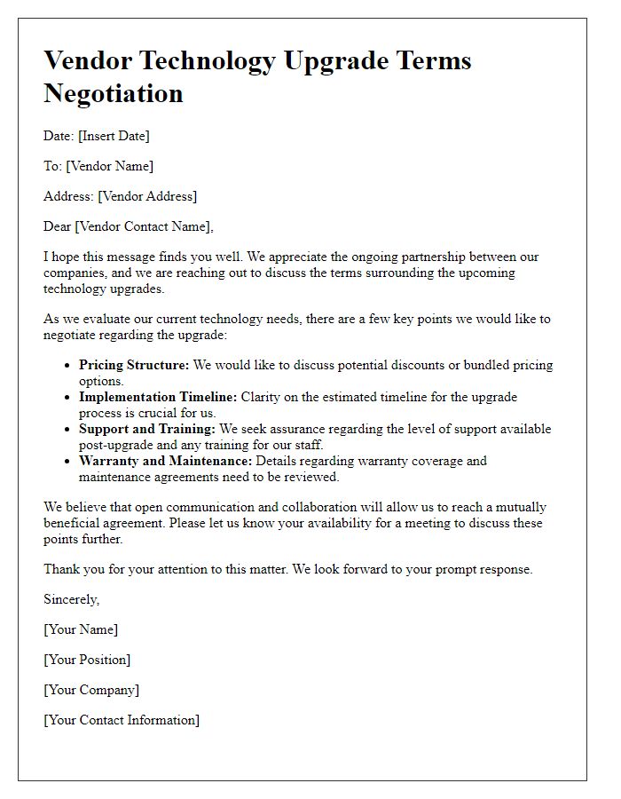 Letter template of vendor tech upgrade terms negotiation