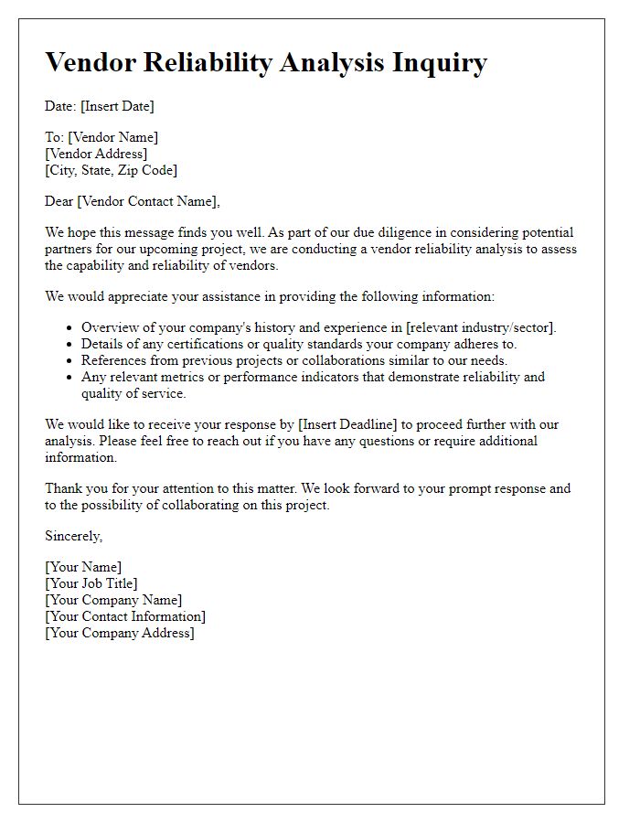 Letter template of vendor reliability analysis inquiry for project collaboration.