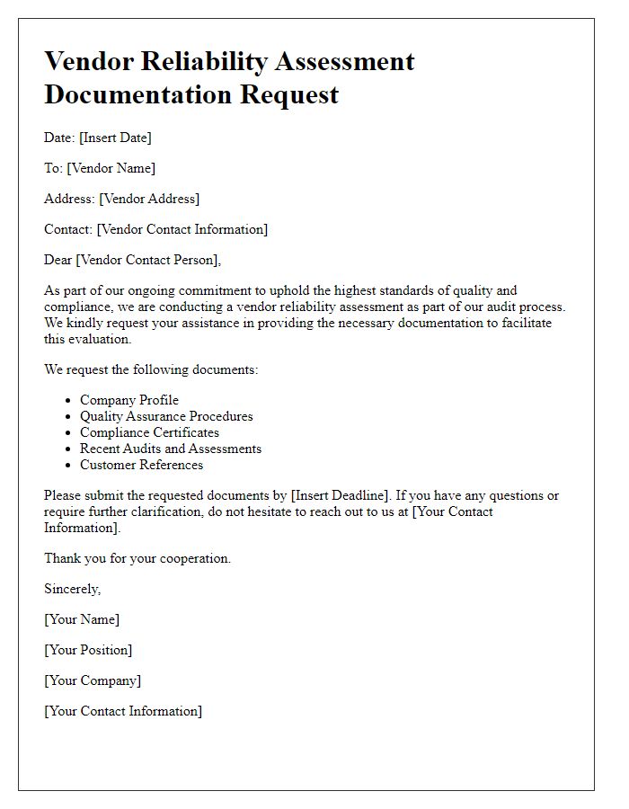 Letter template of vendor reliability assessment documentation request for audit.