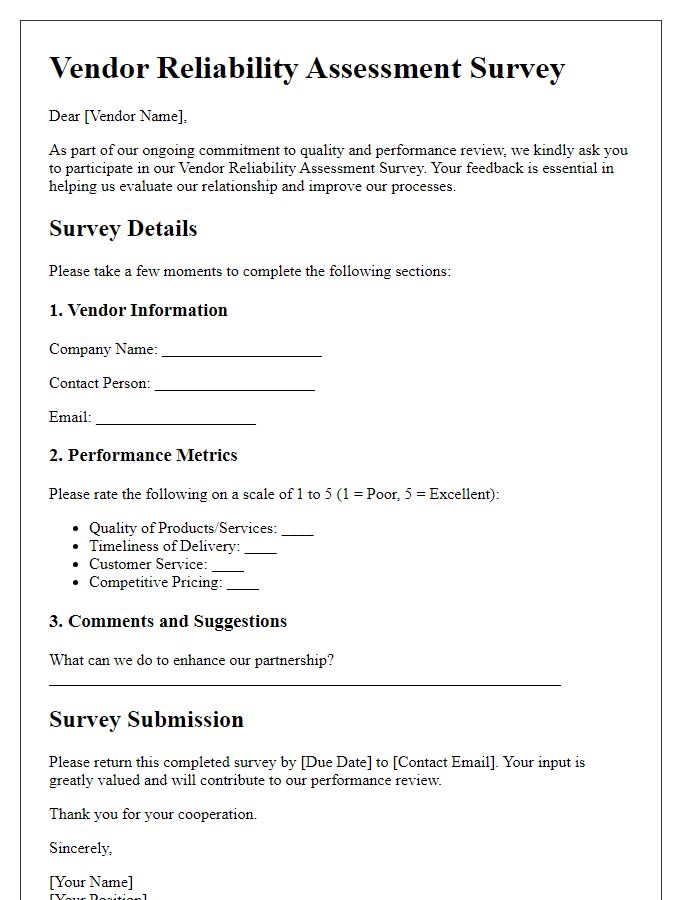 Letter template of vendor reliability assessment survey for performance review.