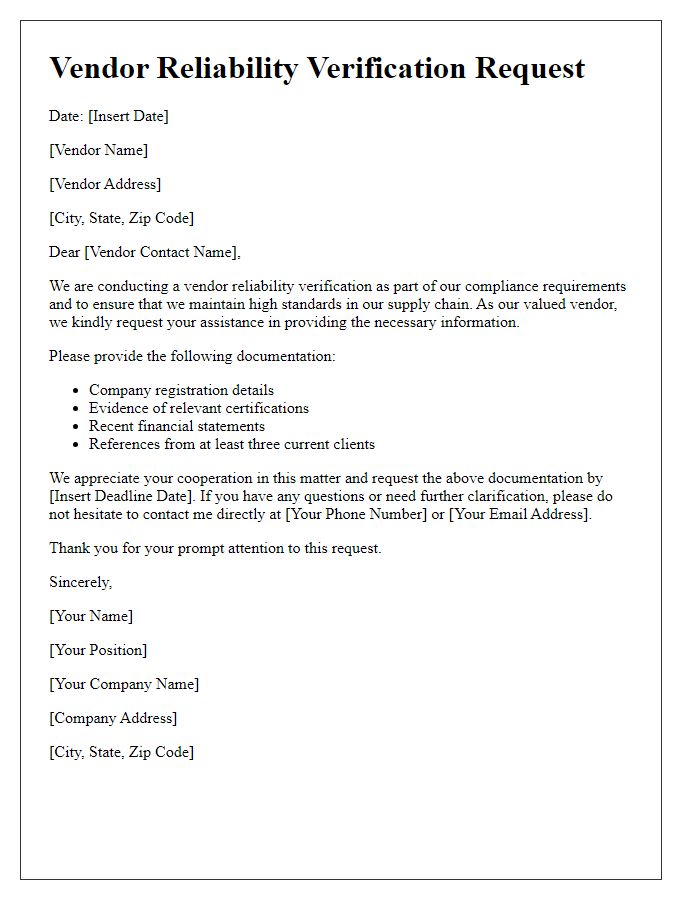 Letter template of vendor reliability verification request for compliance purposes.