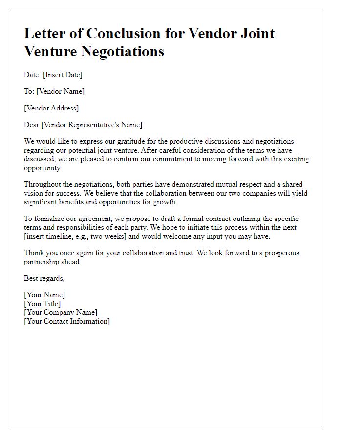 Letter template of conclusion for vendor joint venture negotiations