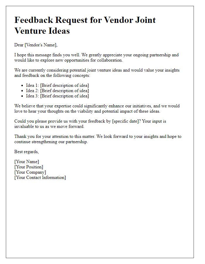 Letter template of feedback request for vendor joint venture ideas