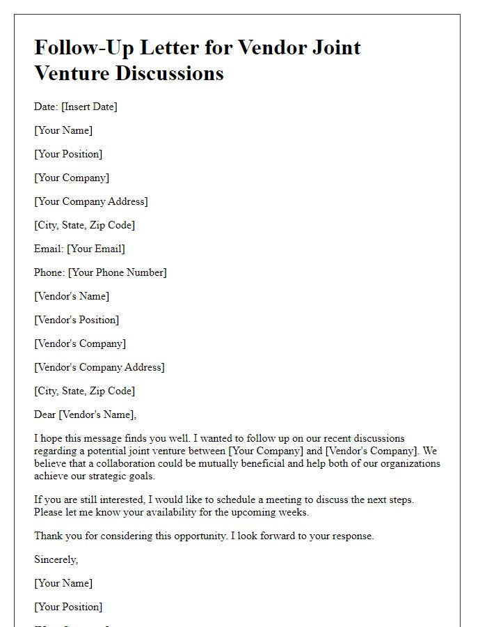 Letter template of follow-up for vendor joint venture discussions