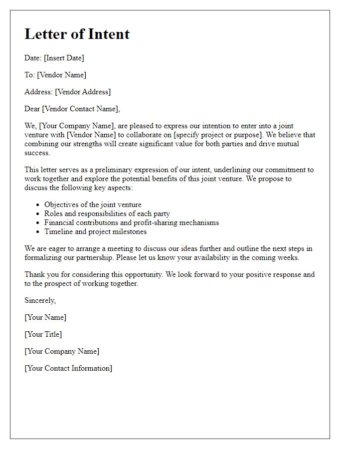 Letter template of intentions for vendor joint venture agreement