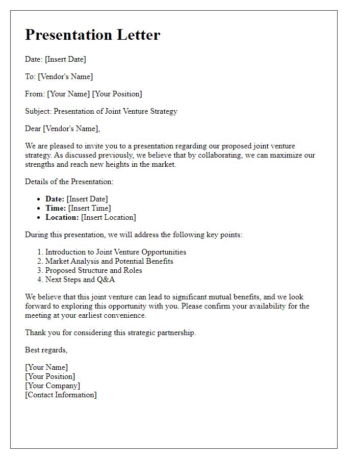 Letter template of presentation for vendor joint venture strategy