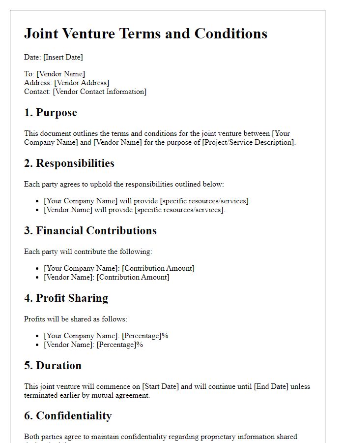 Letter template of terms and conditions for vendor joint venture