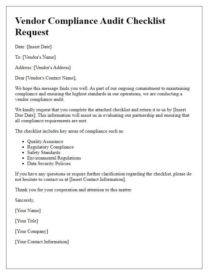 Letter template of vendor compliance audit checklist request