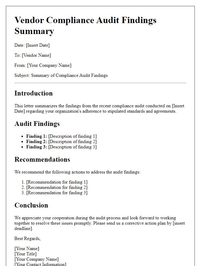 Letter template of vendor compliance audit findings summary