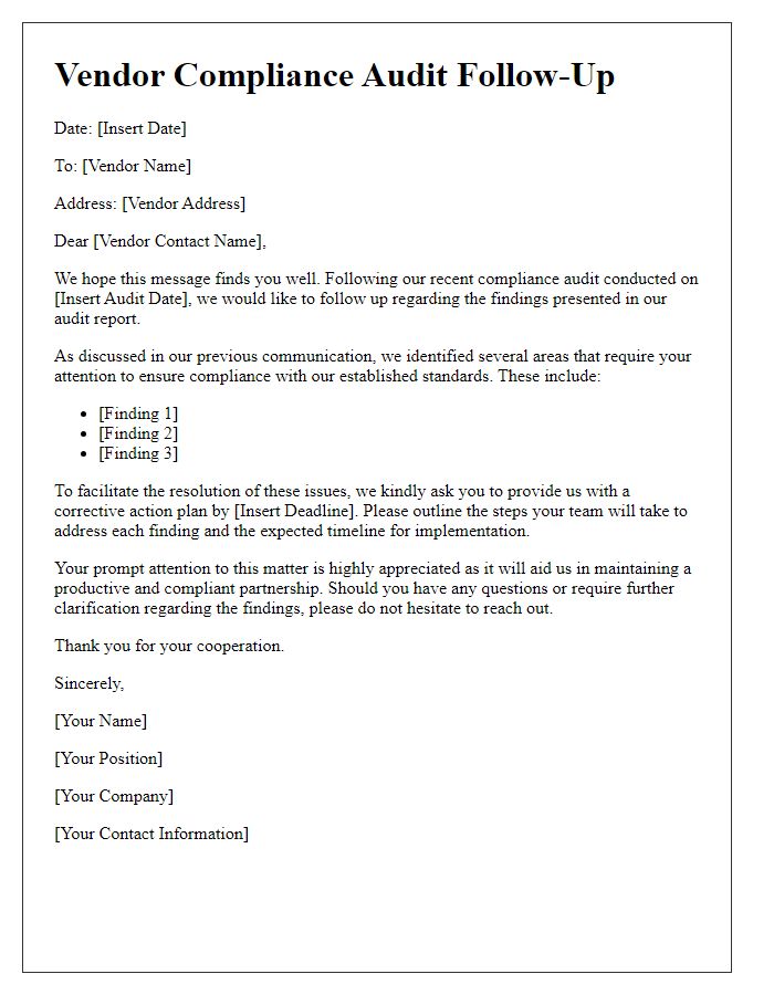 Letter template of vendor compliance audit follow-up communication