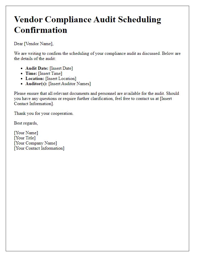 Letter template of vendor compliance audit scheduling confirmation