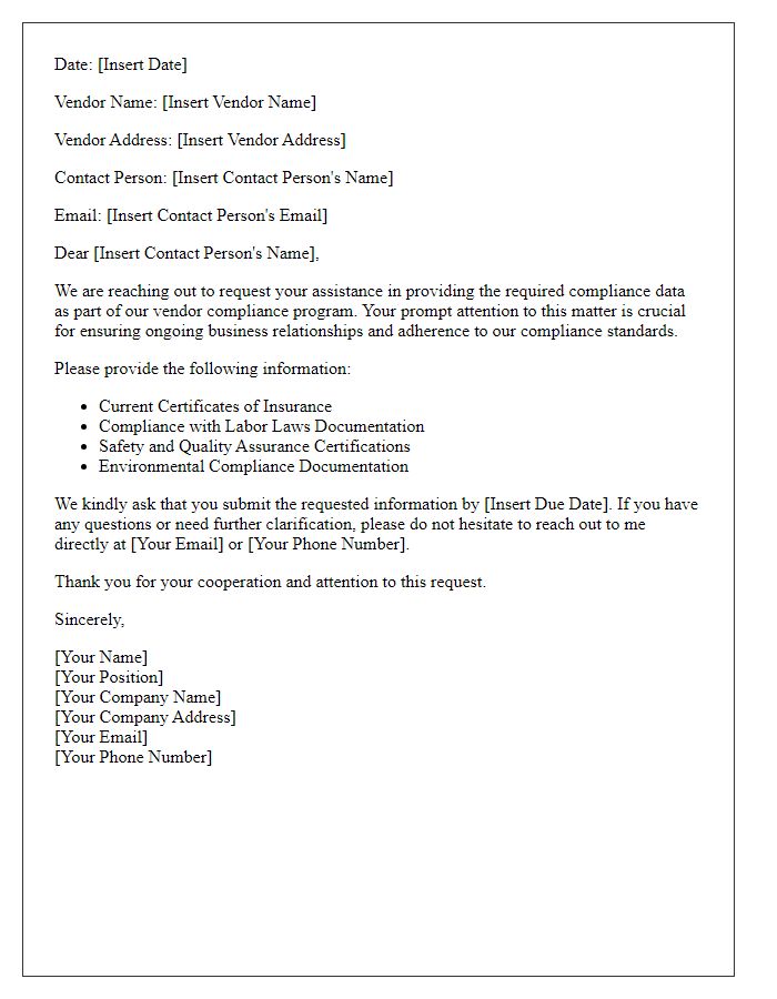 Letter template of vendor compliance data request