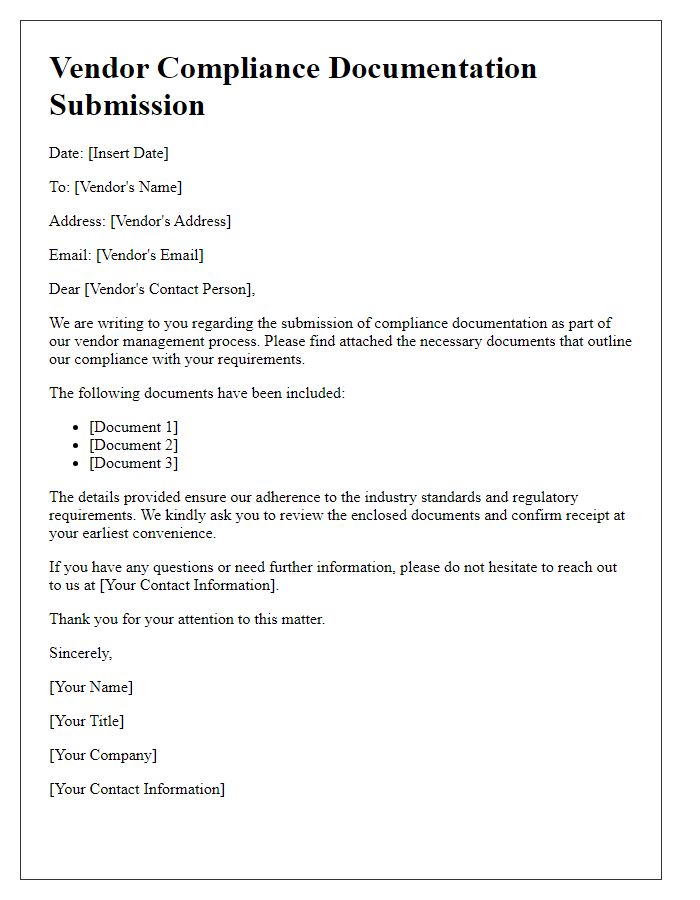 Letter template of vendor compliance documentation submission