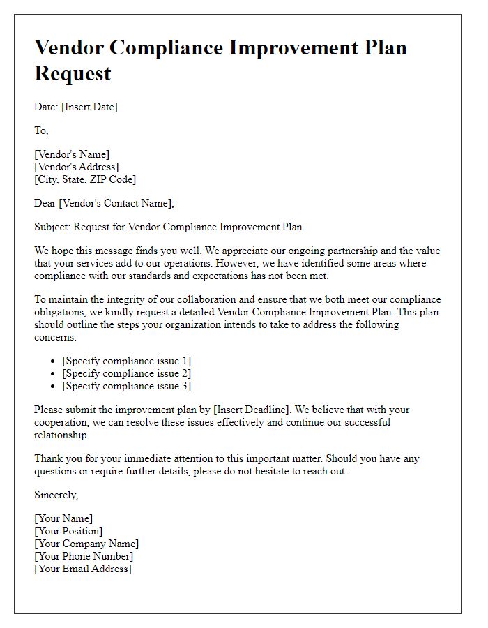 Letter template of vendor compliance improvement plan request