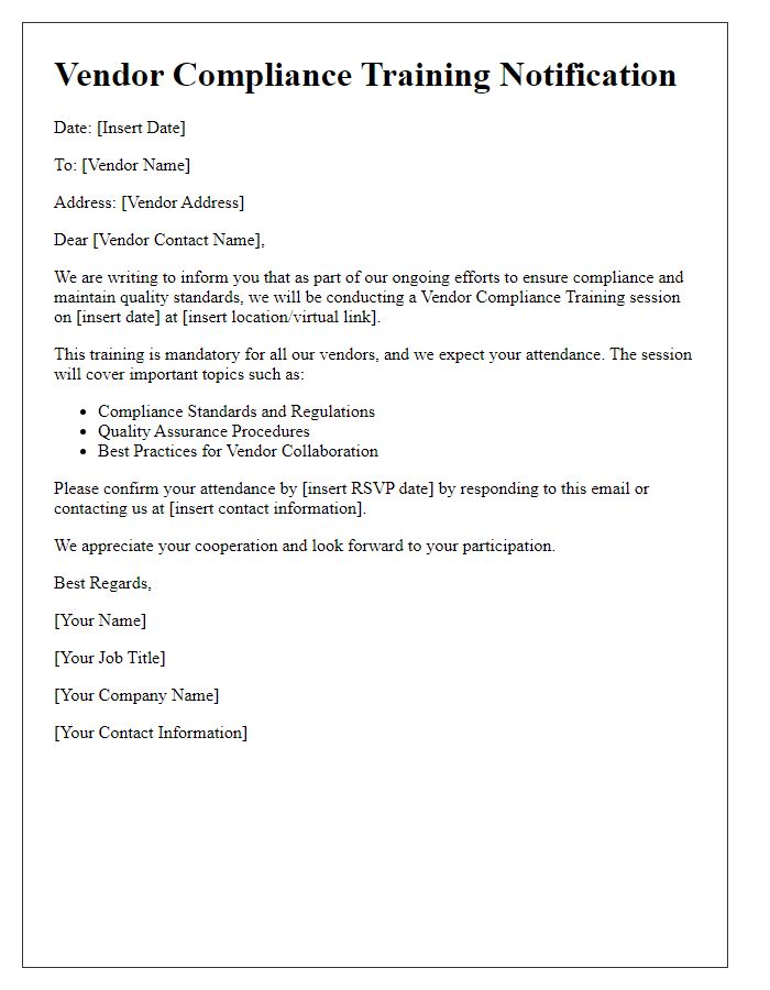 Letter template of vendor compliance training notification