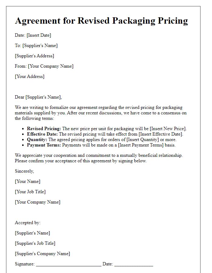 Letter template of agreement for revised packaging pricing with supplier.