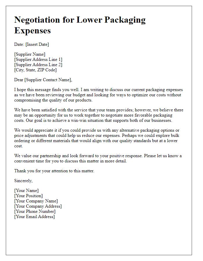 Letter template of negotiation for lower packaging expenses from supplier.