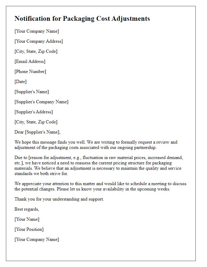 Letter template of notification for seeking packaging cost adjustments from supplier.