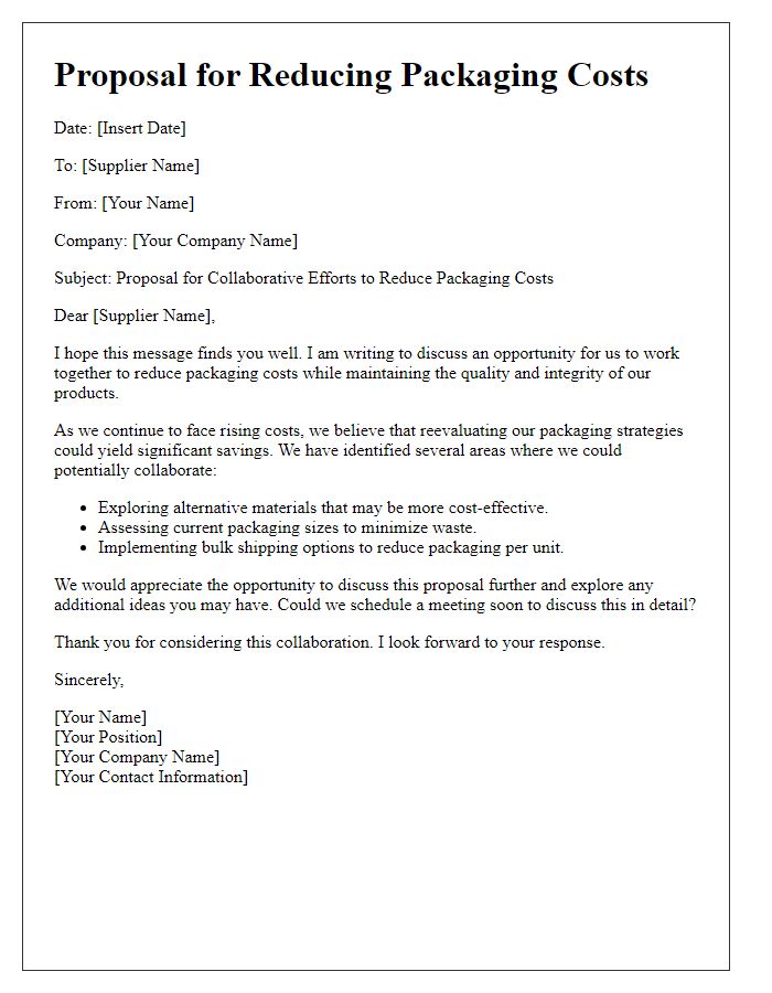 Letter template of proposal for reducing packaging costs with supplier.