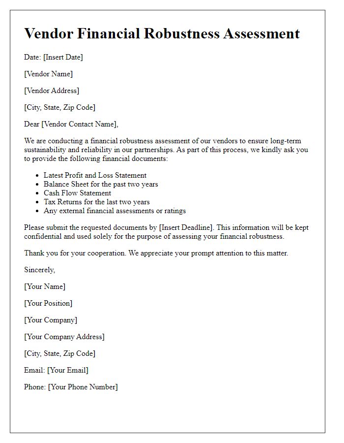 Letter template of assessment for vendor financial robustness