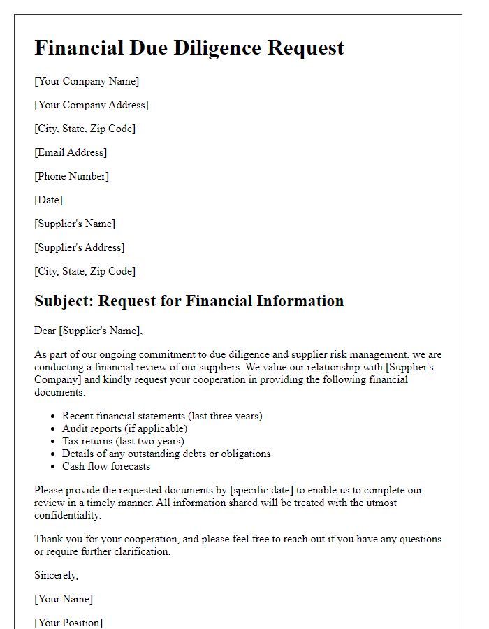 Letter template of financial due diligence for supplier review