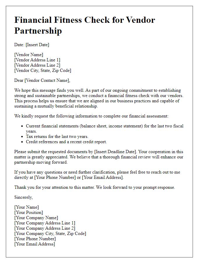 Letter template of financial fitness check for vendor partnership