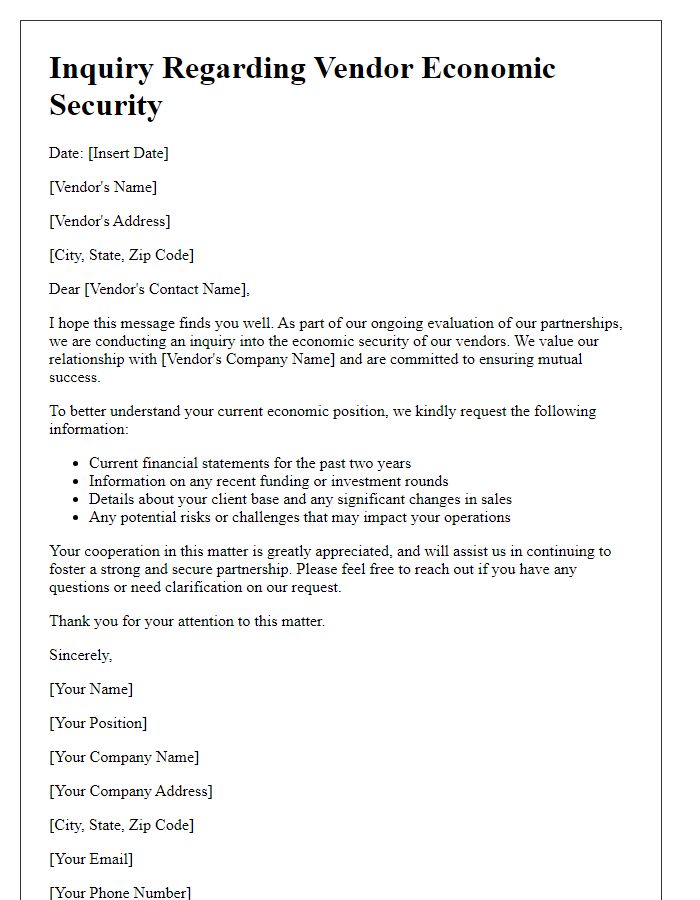 Letter template of inquiry regarding vendor economic security