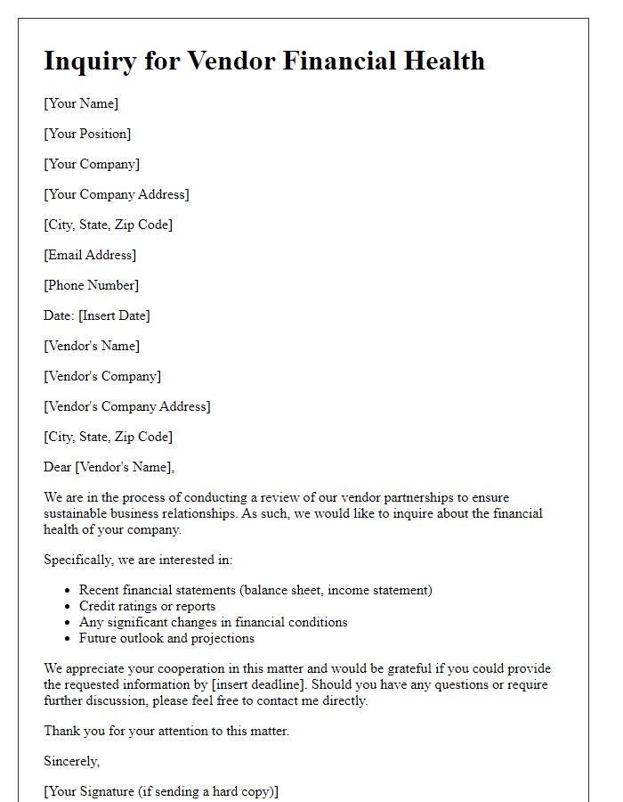 Letter template of inquiry for vendor financial health