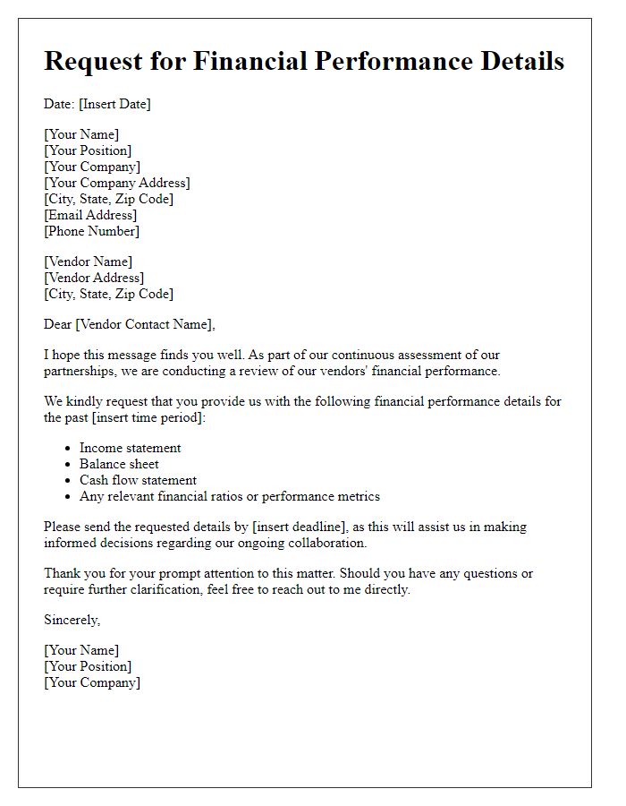 Letter template of request for vendor financial performance details