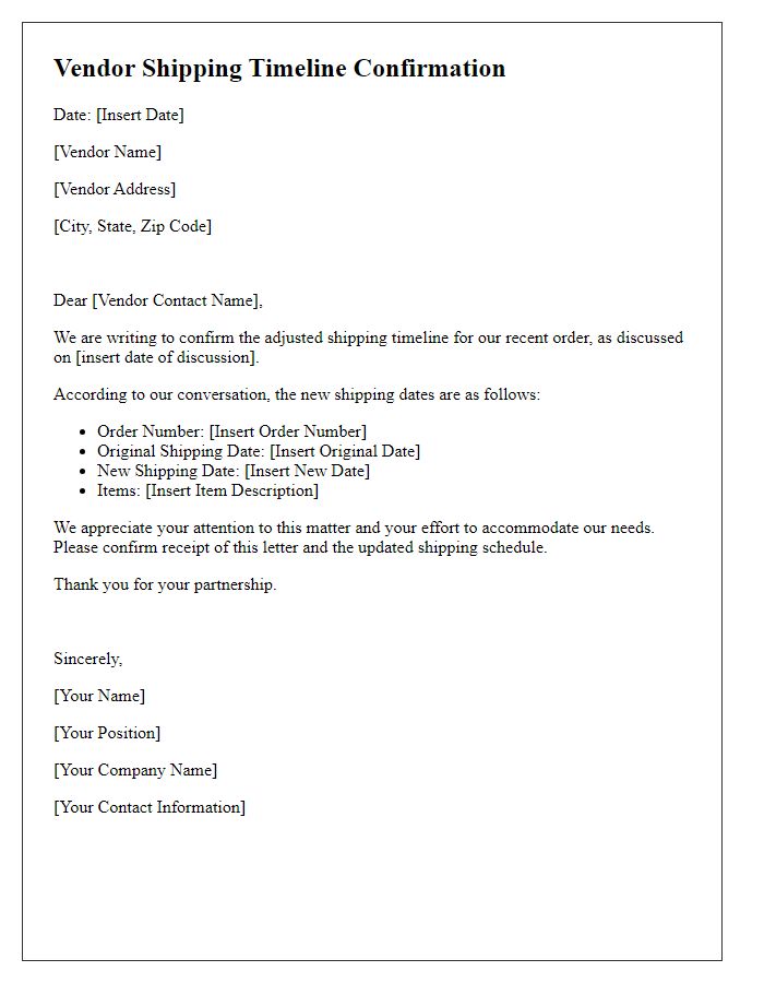 Letter template of confirmation for adjusted vendor shipping timeline