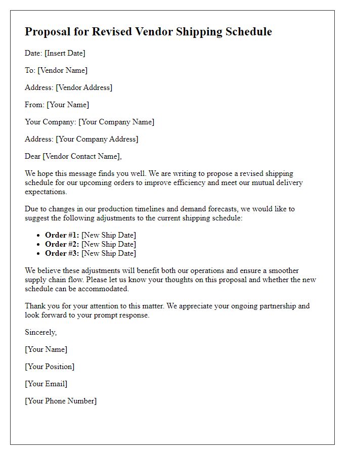 Letter template of proposal for revised vendor shipping schedule