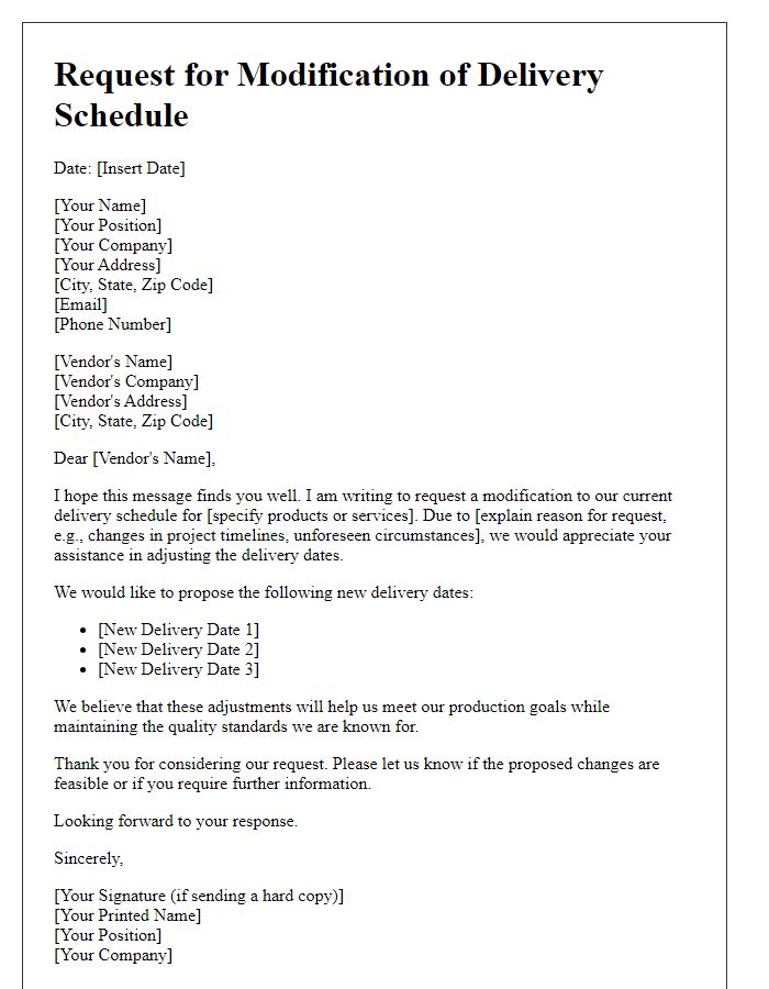 Letter template of request for vendor delivery schedule modification