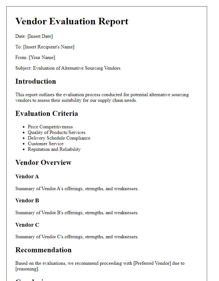 Letter template of alternative sourcing vendor evaluation