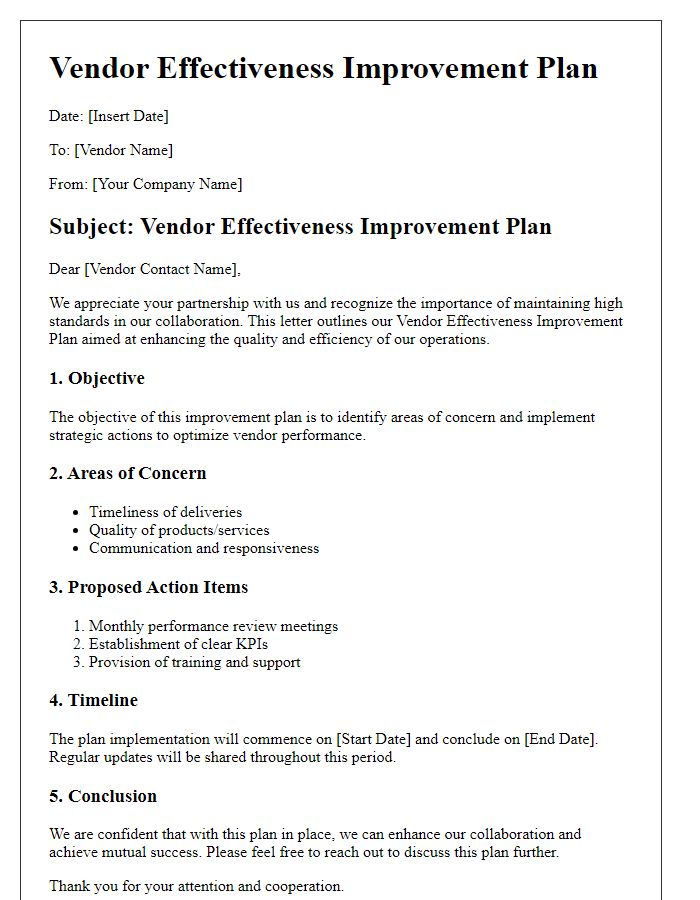 Letter template of vendor effectiveness improvement plan