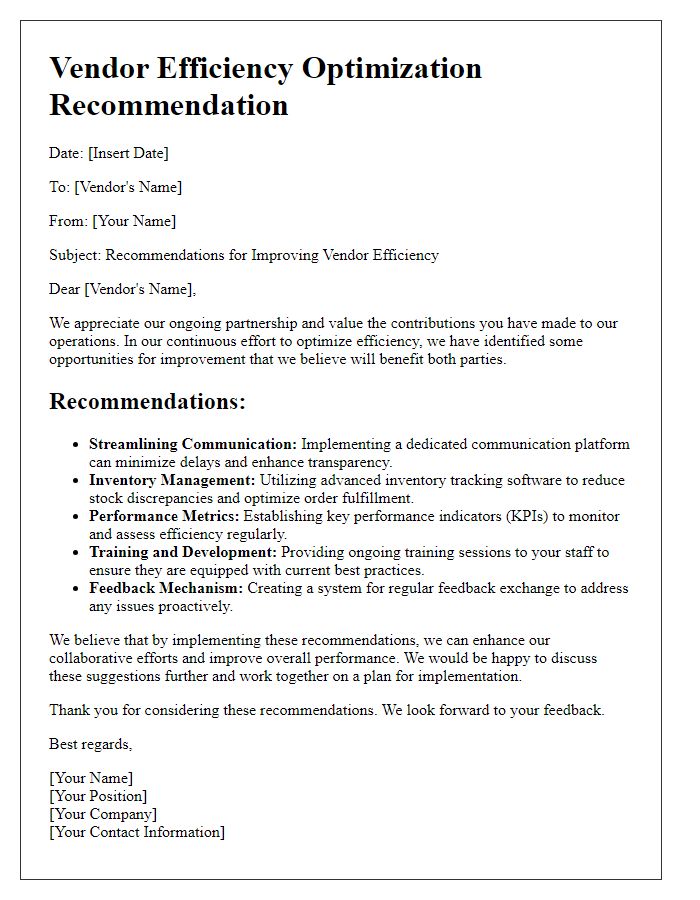 Letter template of vendor efficiency optimization recommendation